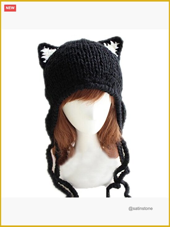 Cat Ear Beanie With Flap Pompom - Cute Fox Hat Handmade  Cute Cat Ears Knit Hat Ear Flap Crochet Beanie